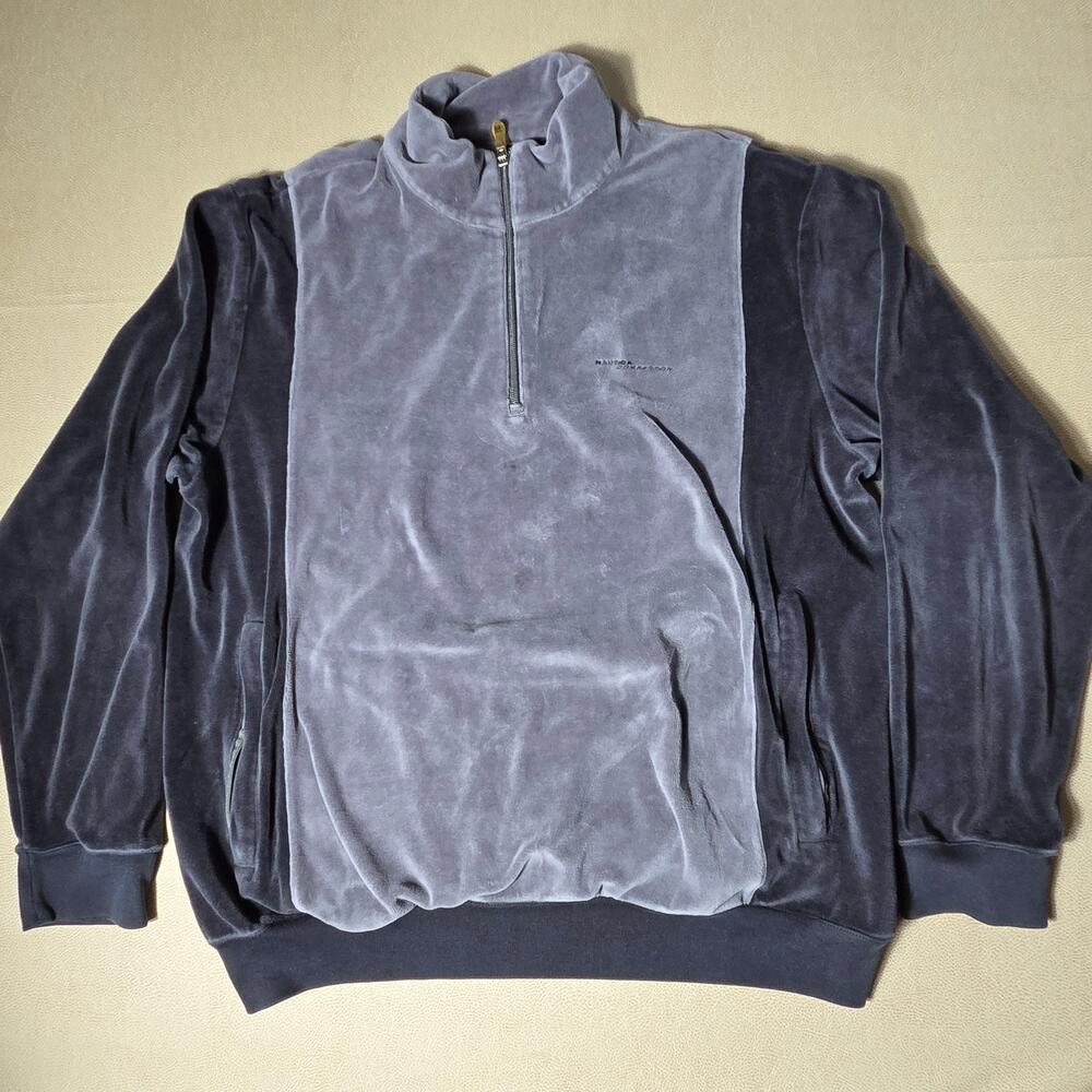 Vintage Nautica Competition Velour 1/4 Zip Pullover Sweatshirt Grey Mens Large